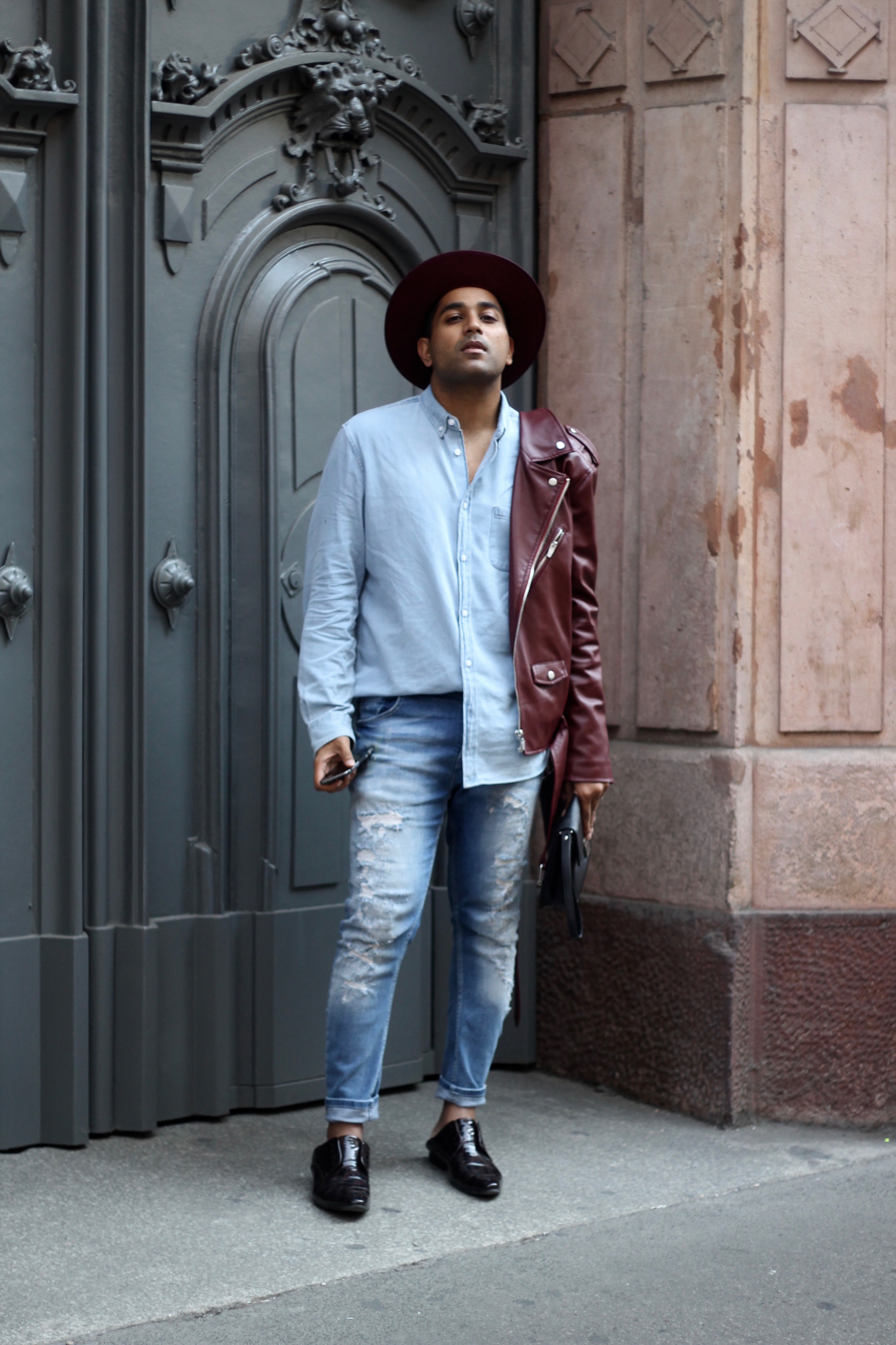 ENDOXIST - Menswear Blogger - Milan Fashion Week | Canadian Tuxedo - Street Style | Burgundy Leather